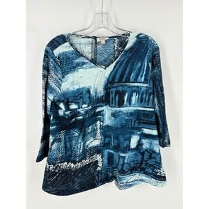 Orientique Naturally Australian V Neck 3/4 Sleeve Graphic Print Top Women's sz S